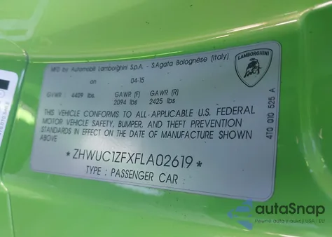 2015 Lamborghini Huracan Lp610-4 z USA, uszkodzony, nr VIN ZHWUC1ZFXFLA02619